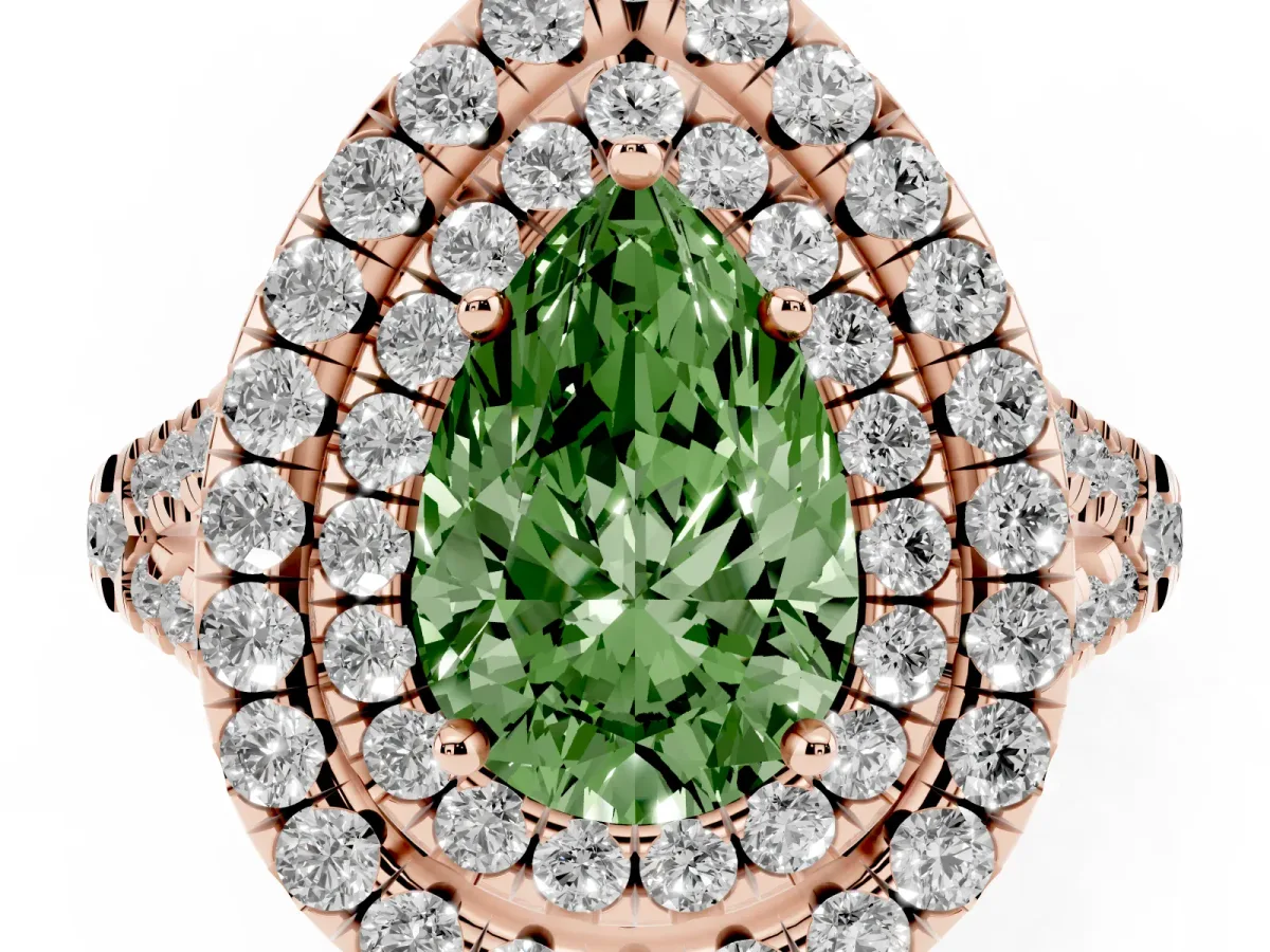 Fancy Green Double Halo Pear Cut Diamond Pavé Split Shank Ring with Prong Setting Rose gold