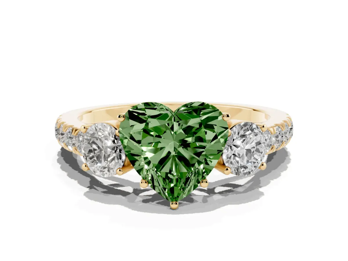 Fancy Green Heart Cut Cut Diamond Three-Stone Ring with Round Side Stones and Pavé Band Yellow gold