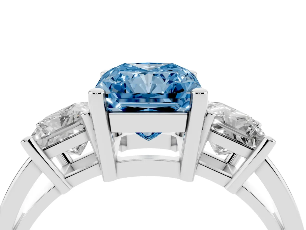 Fancy Blue Three-Stone Radiant Cut Cut Solitaire Ring with Prong Setting Silver