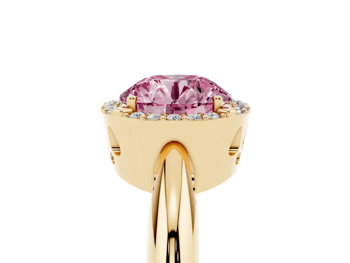 Fancy Pink Round Cut Cut Diamond Halo Engagement Ring with Split Shank and Four-Prong Setting Yellow gold