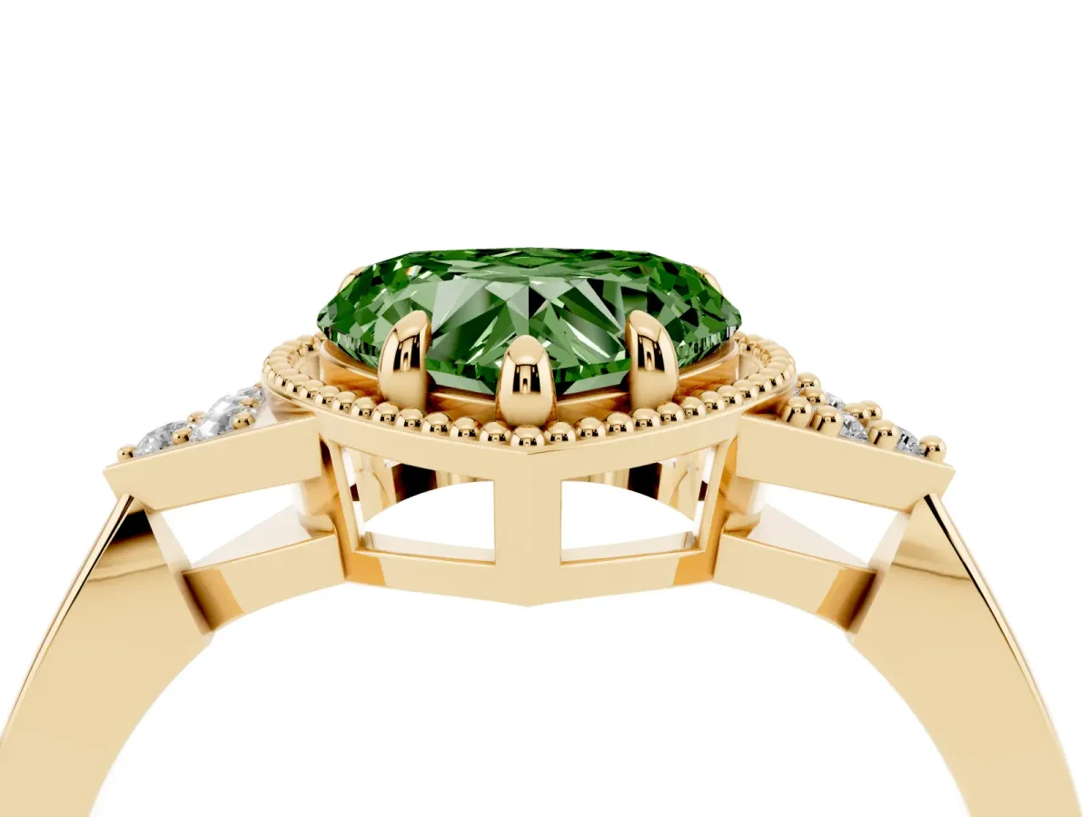Fancy Green Heart Cut Diamond Halo Ring with Tapered Band and Four-Prong Setting Yellow gold