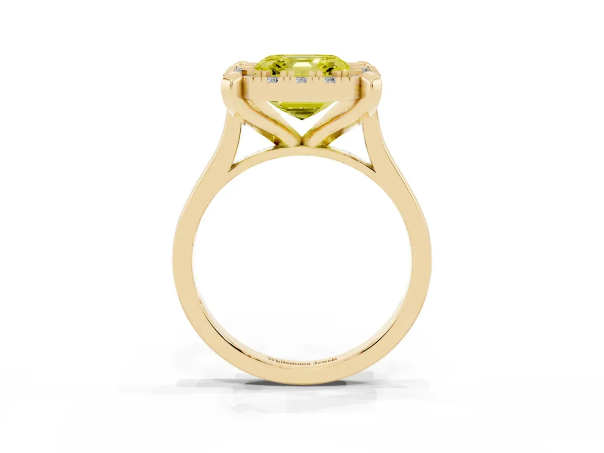 Fancy Yellow Asscher Cut Diamond Cluster Halo Solitaire with Four-Prong Setting Yellow gold