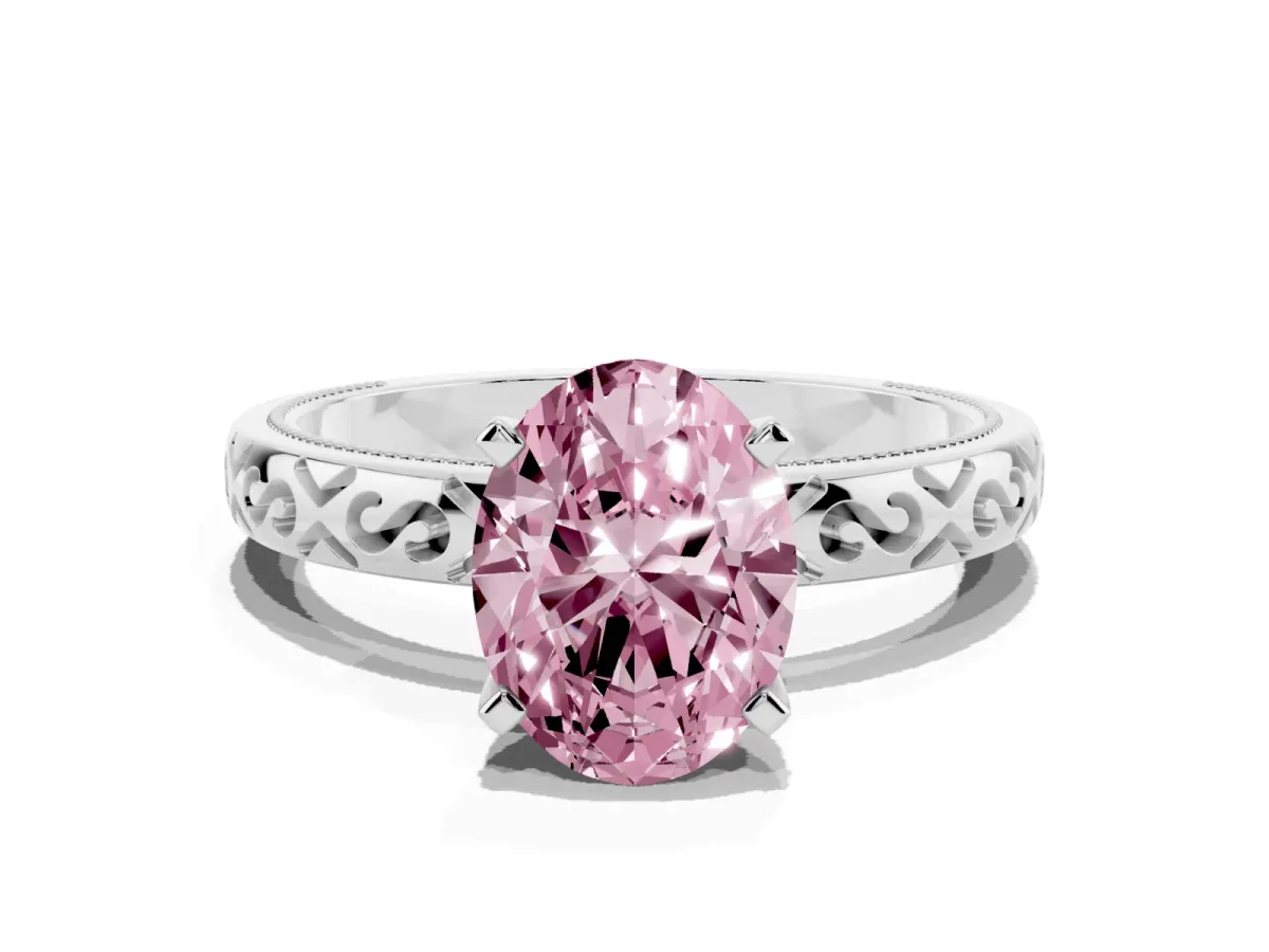 Fancy Pink Oval Cut Solitaire Engagement Ring with Scrollwork Band and Four-Prong Setting Silver