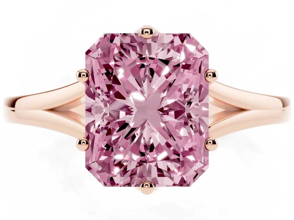 Fancy Pink Radiant Cut Solitaire Diamond Ring with Six-Prong Setting and Tapered Band Rose gold