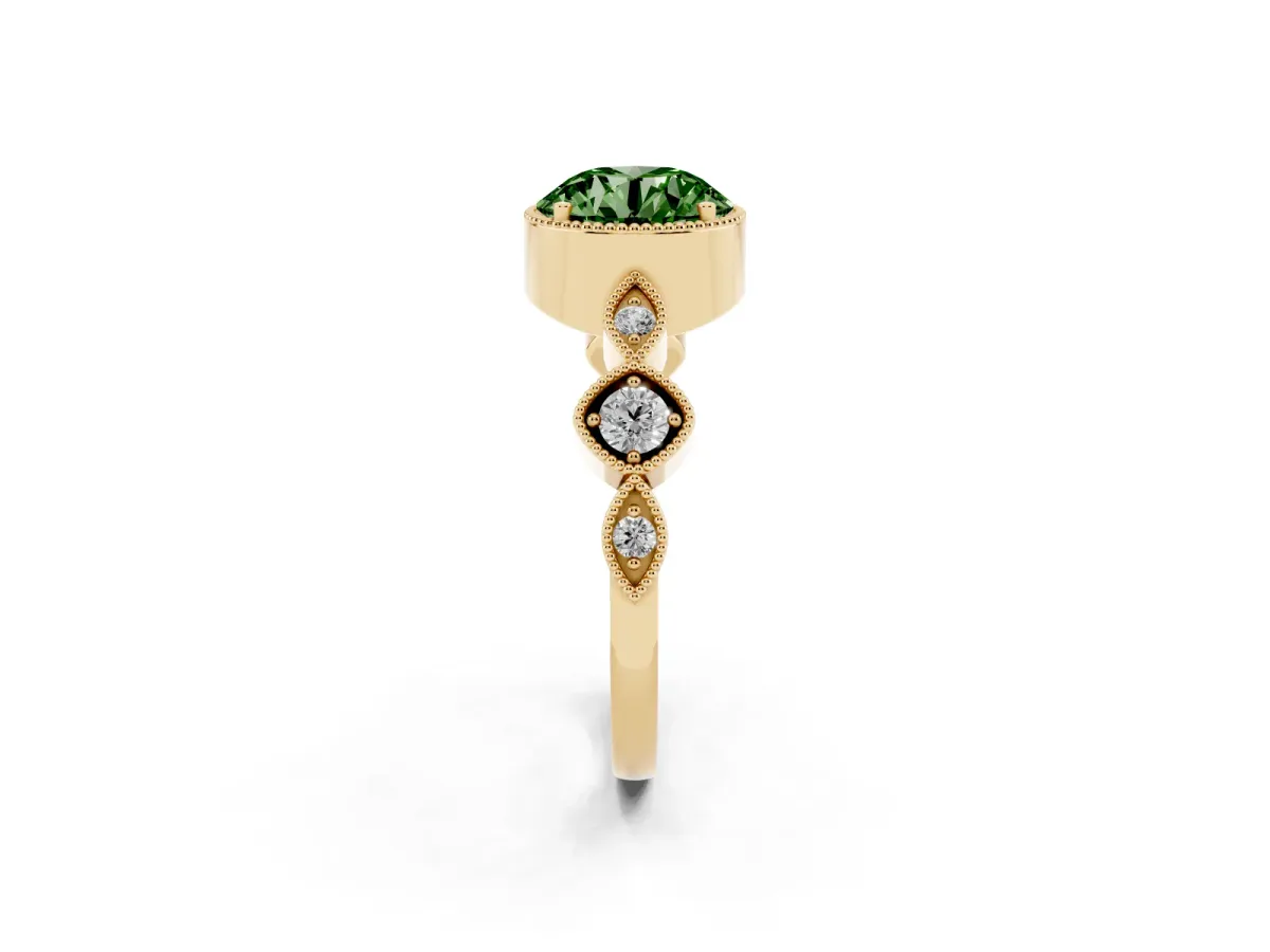 Fancy Green Round Cut Diamond Vintage Milgrain Ring with Round Stations Yellow gold