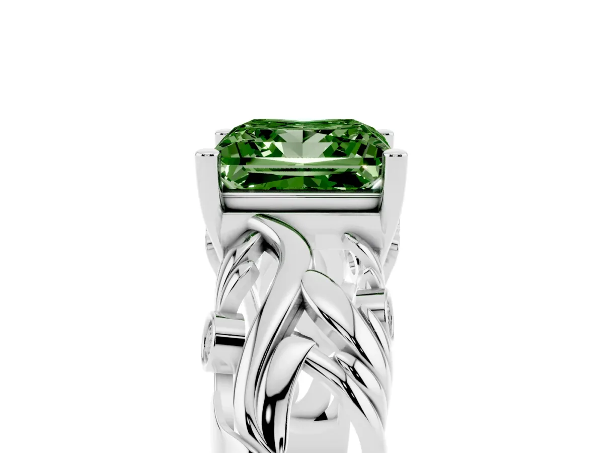 Fancy Green Princess Cut Solitaire Diamond Leaf-Inspired Vine Band Ring with Prong Setting Silver