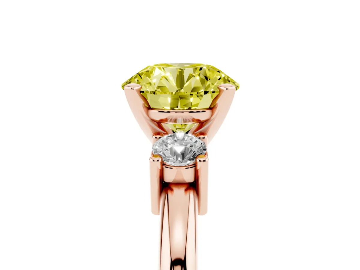 Fancy Yellow Three-Stone Round Cut Cut Diamond Solitaire with Prong Setting and Classic Band Rose gold