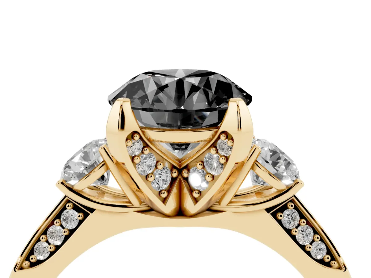 Fancy Black Round Cut Brilliant Three-Stone Diamond Ring with Pavé Band and Four-Prong Setting Yellow gold