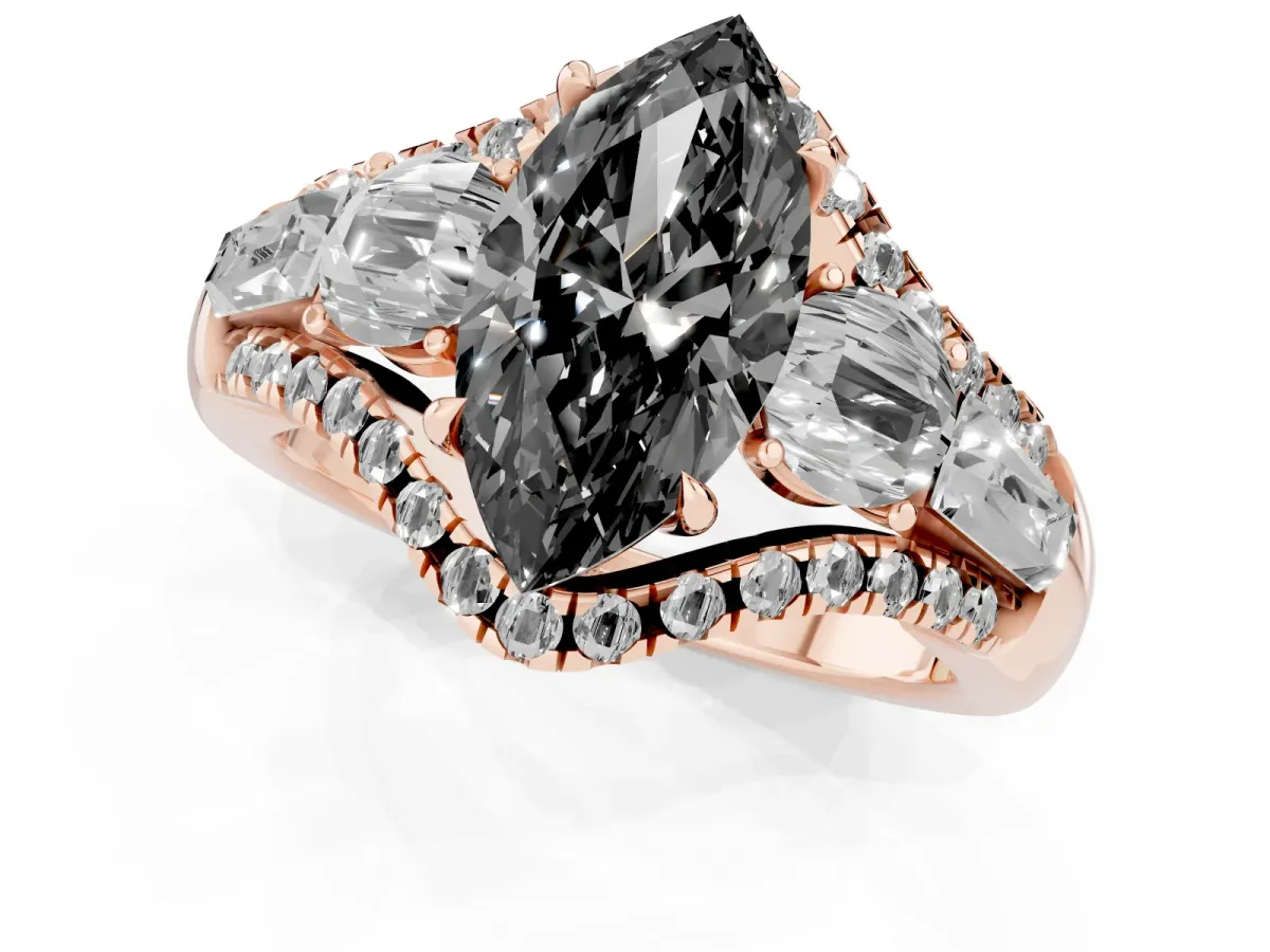 Fancy Black Three-Stone Marquise Cut Diamond Engagement Ring with Pave Band and Prong Setting Rose gold