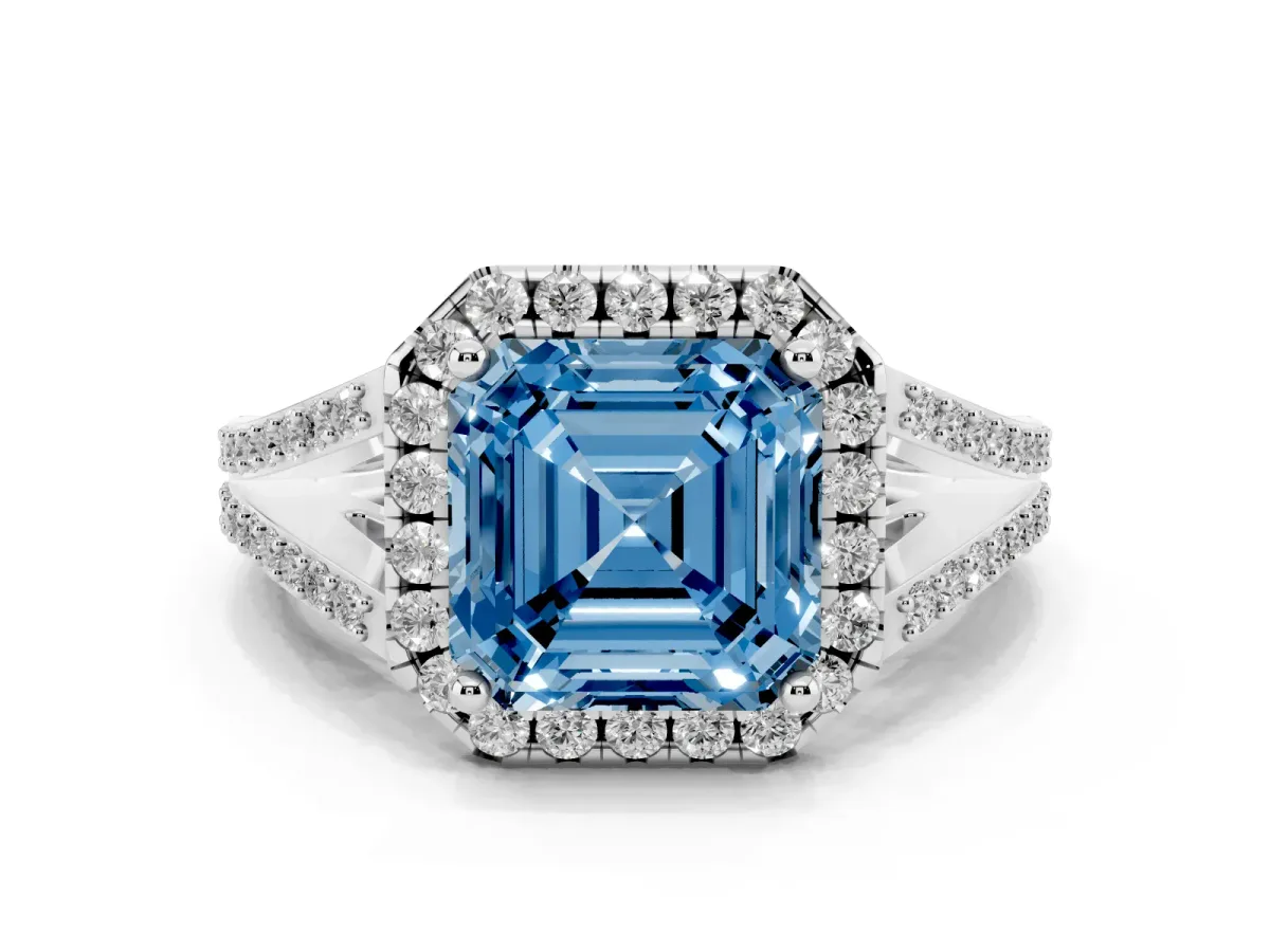 Fancy Blue Asscher Cut Halo Split Shank Diamond Ring with Prong Setting Platinum