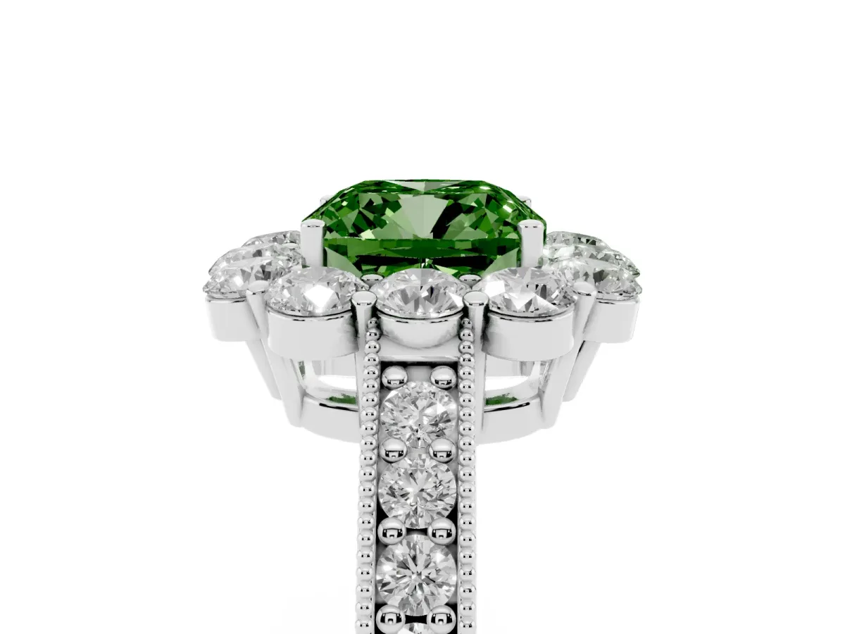 Fancy Green Cushion Cut Cut Halo Diamond Pavé Engagement Ring with Milgrain Detailing Silver