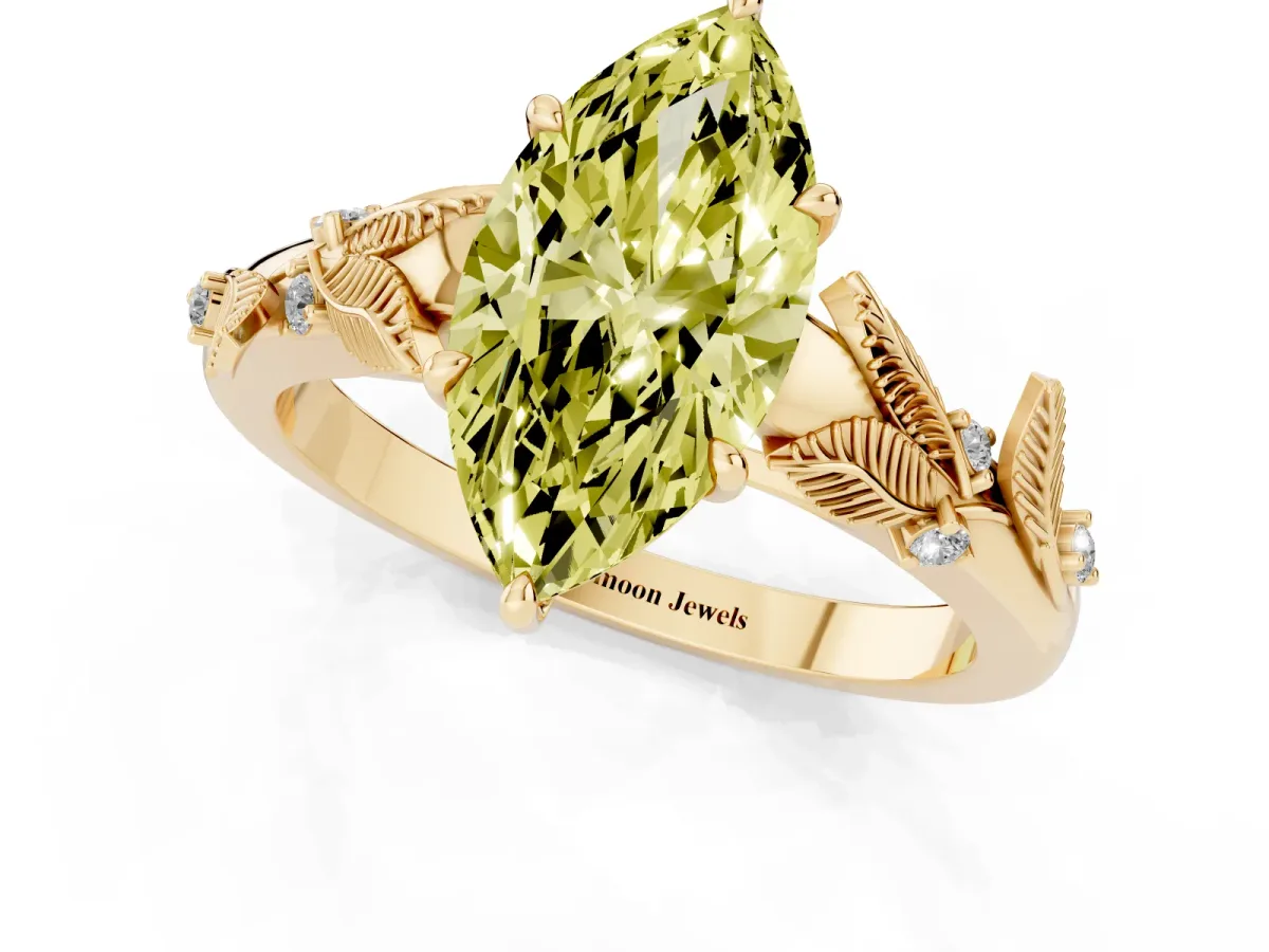 Fancy Yellow Marquise Cut Diamond Solitaire Ring with Leaf Motif Band and Four-Prong Setting Yellow gold