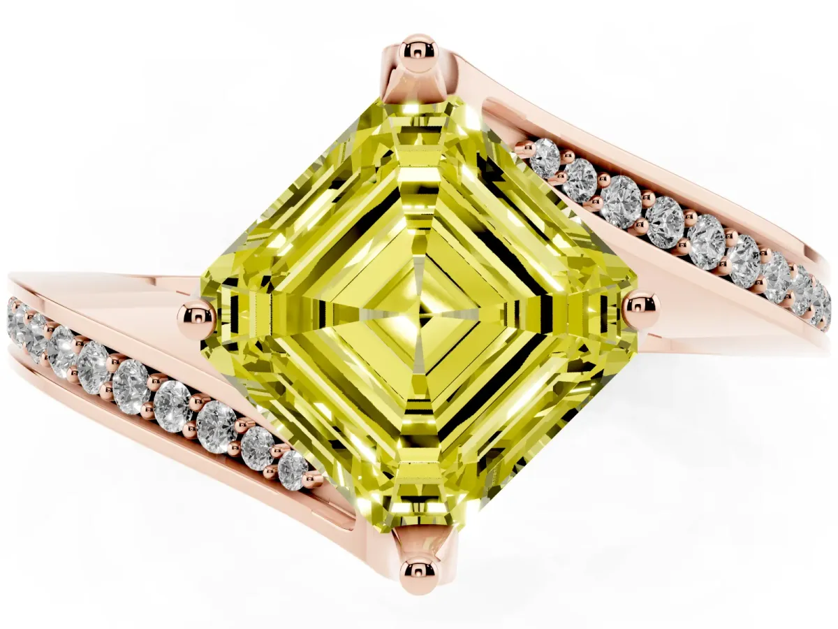 Fancy Yellow Asscher Cut Solitaire Diamond Twist Band with Pavé Setting and Four-Prong Setting Rose gold