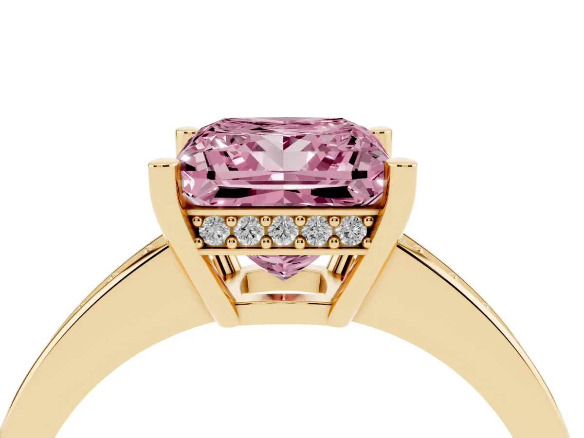 Fancy Pink Princess Cut Solitaire Pavé Band Prong Setting Ring Yellow gold
