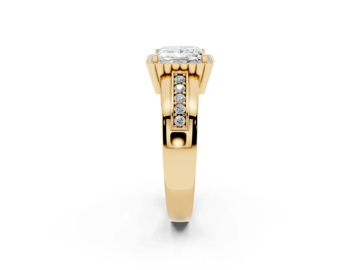 Princess Cut Cut Halo Pave Band Four-Prong Ring Yellow gold