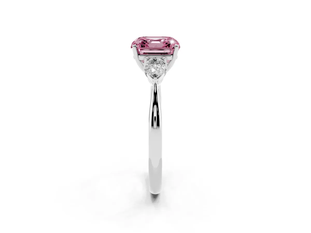 Fancy Pink Three-Stone Asscher Cut Diamond Ring with Pear Side Stones in Four-Prong Setting Silver
