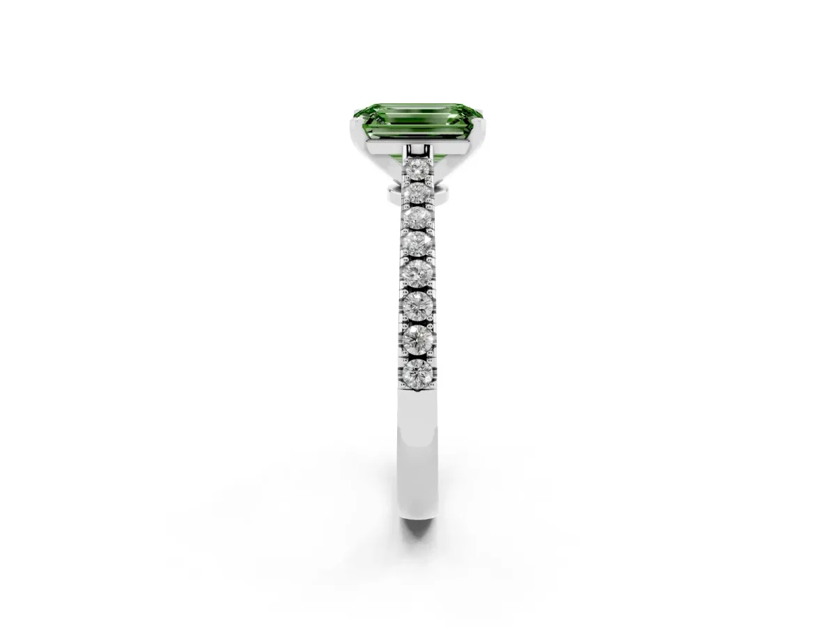 Fancy Green Emerald Cut Cut Solitaire Diamond Engagement Ring with Pave Band and Four-Prong Setting Platinum