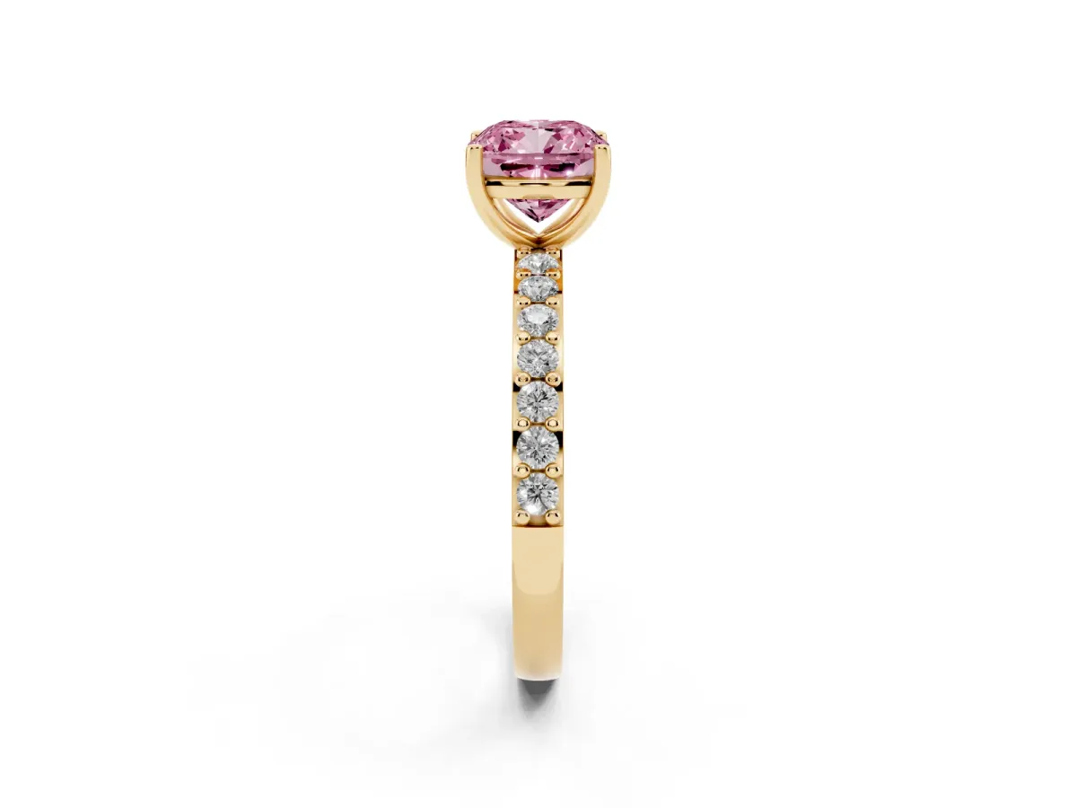 Fancy Pink Cushion Cut Cut Diamond Solitaire with Pave Band and Four-Prong Setting Yellow gold