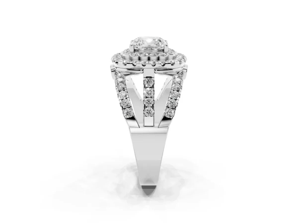 Cushion Cut Diamond Double Halo Ring with Round Pavé Split Shank and Prong Setting Silver