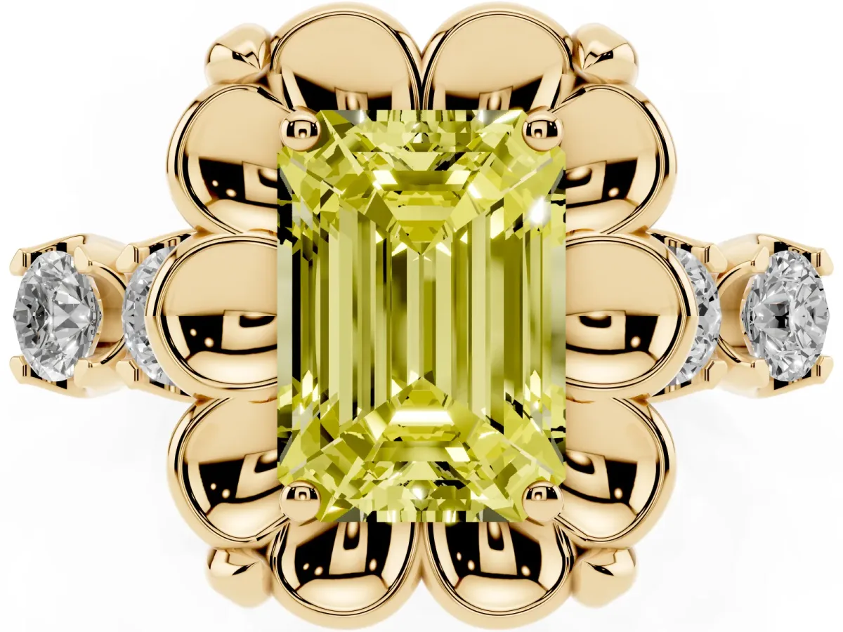 Fancy Yellow Emerald Cut Cut Diamond Floral Halo Engagement Ring with Shared Prong Setting Yellow gold