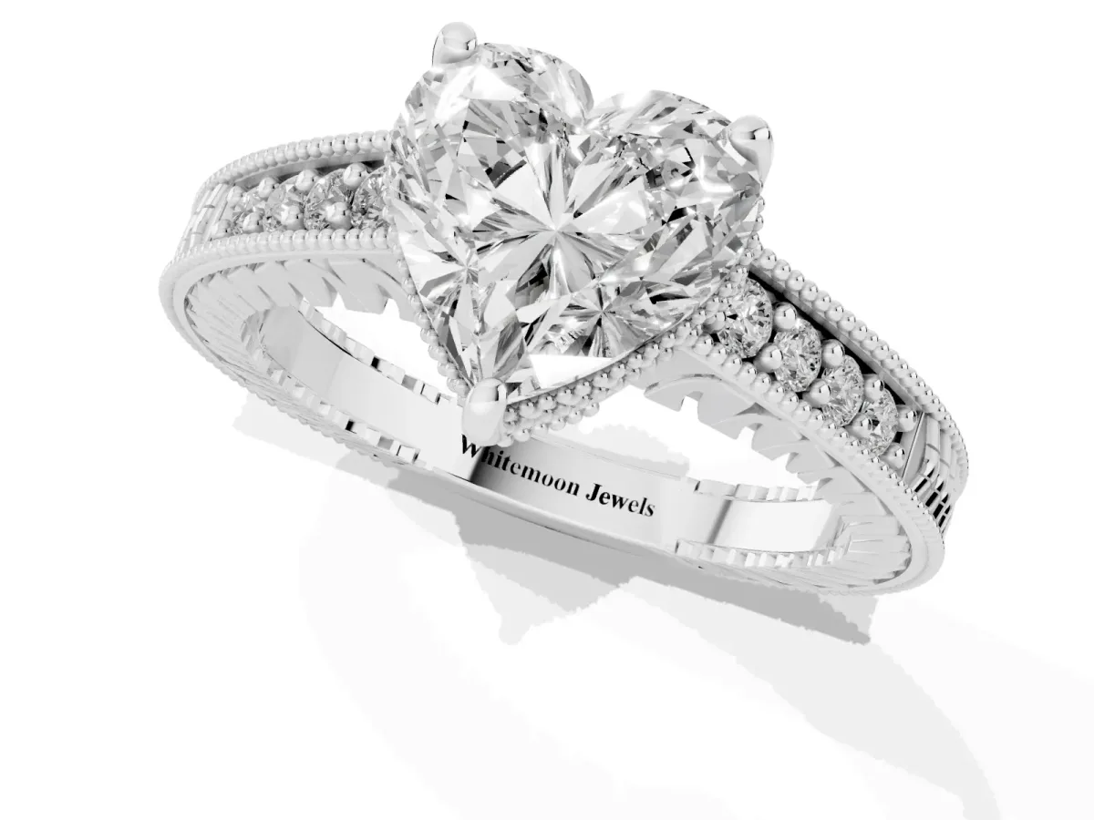 Heart Cut Solitaire Pavé Diamond Milgrain Engagement Ring with Four-Prong Setting Silver