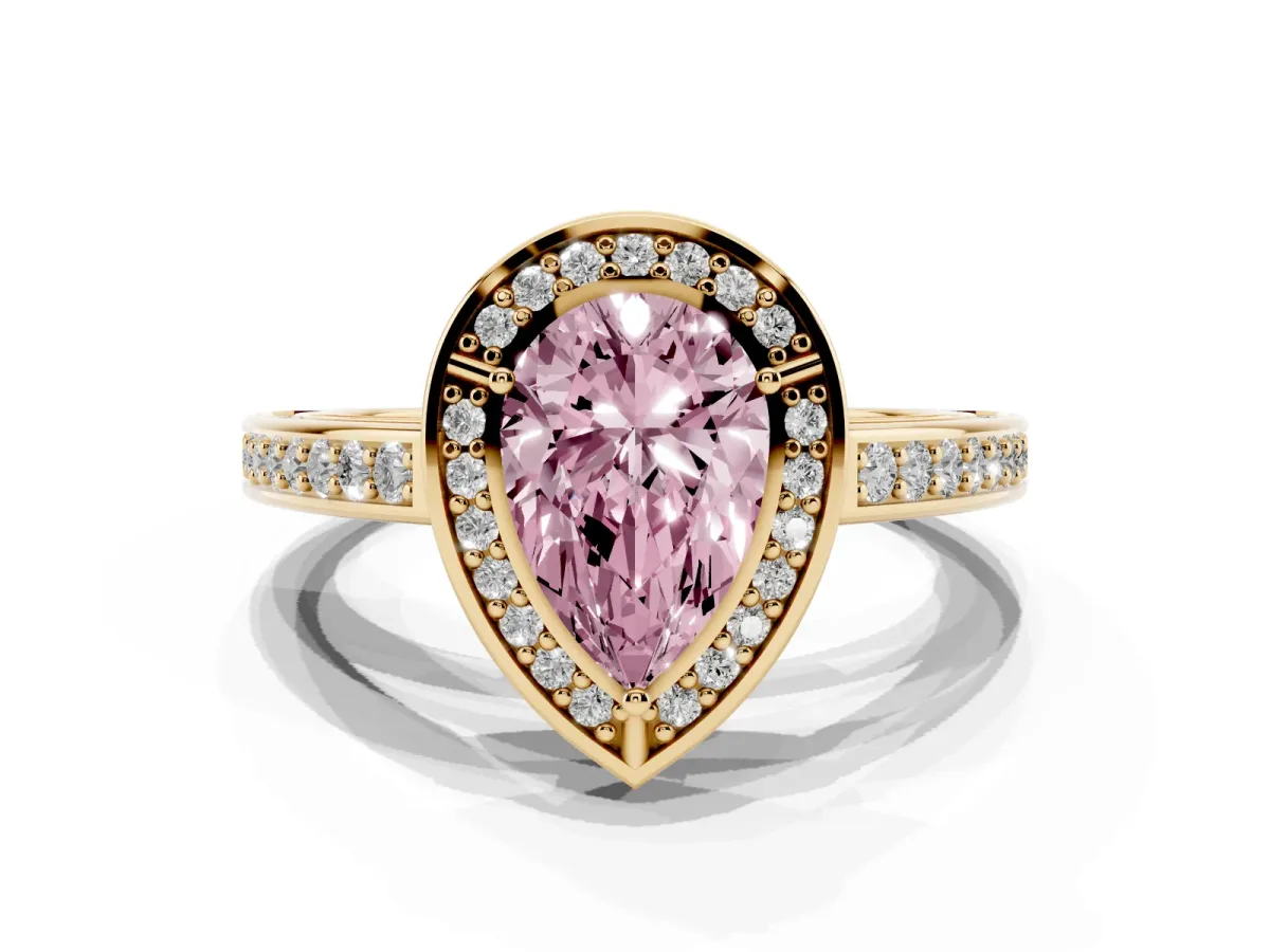 Fancy Pink Pear Cut Cut Halo Pave Split Shank Prong Setting Ring Yellow gold