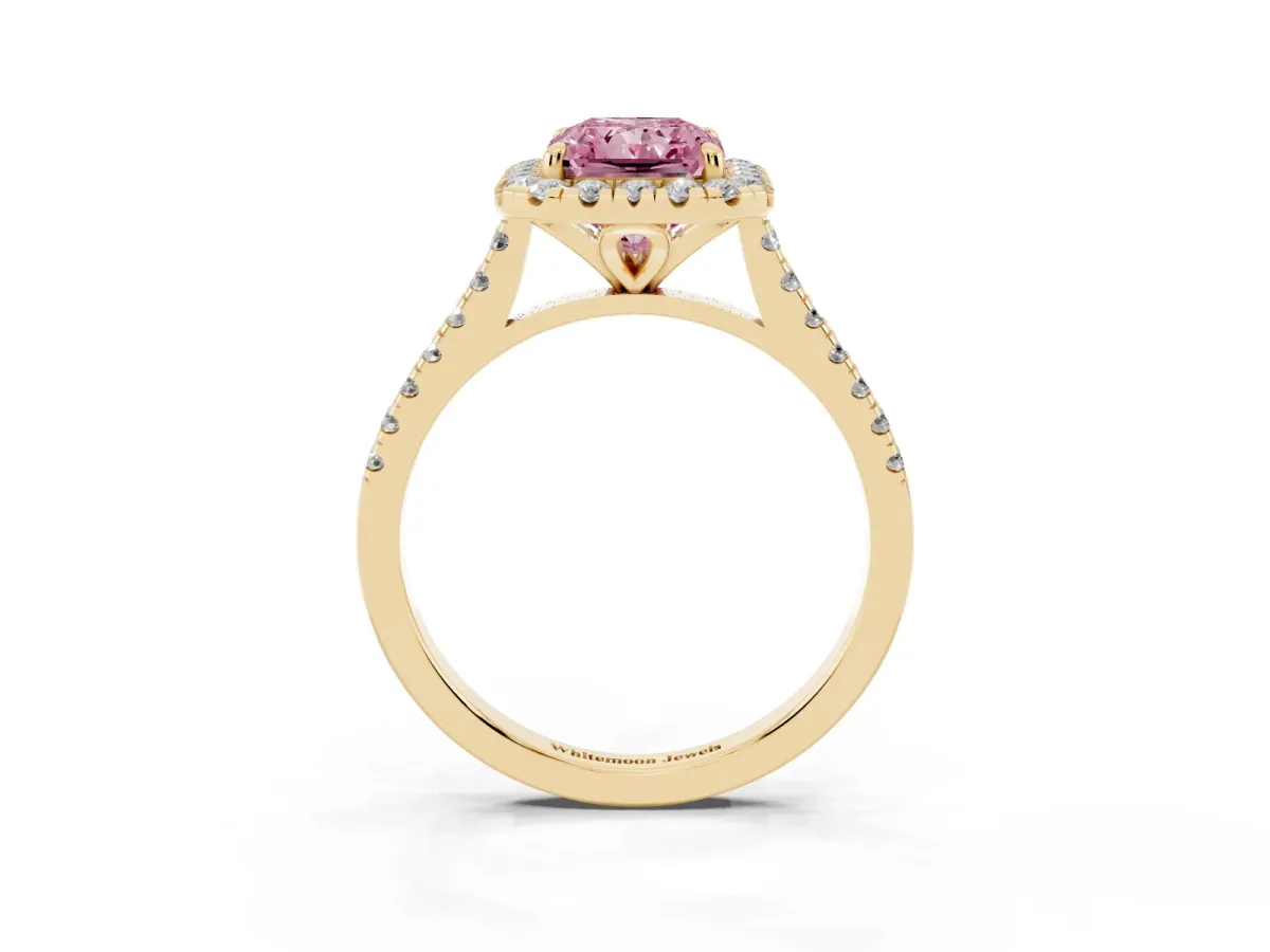 Fancy Pink Radiant Cut Diamond Cushion Halo Ring with Pavé Band Yellow gold