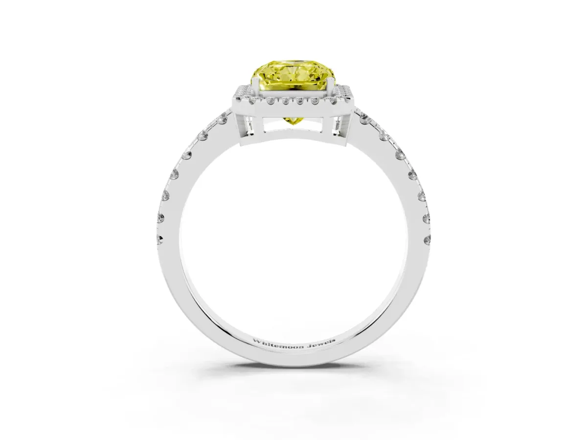 Fancy Yellow Radiant Cut Diamond Halo Ring with Pavé Band and Four-Prong Setting White gold