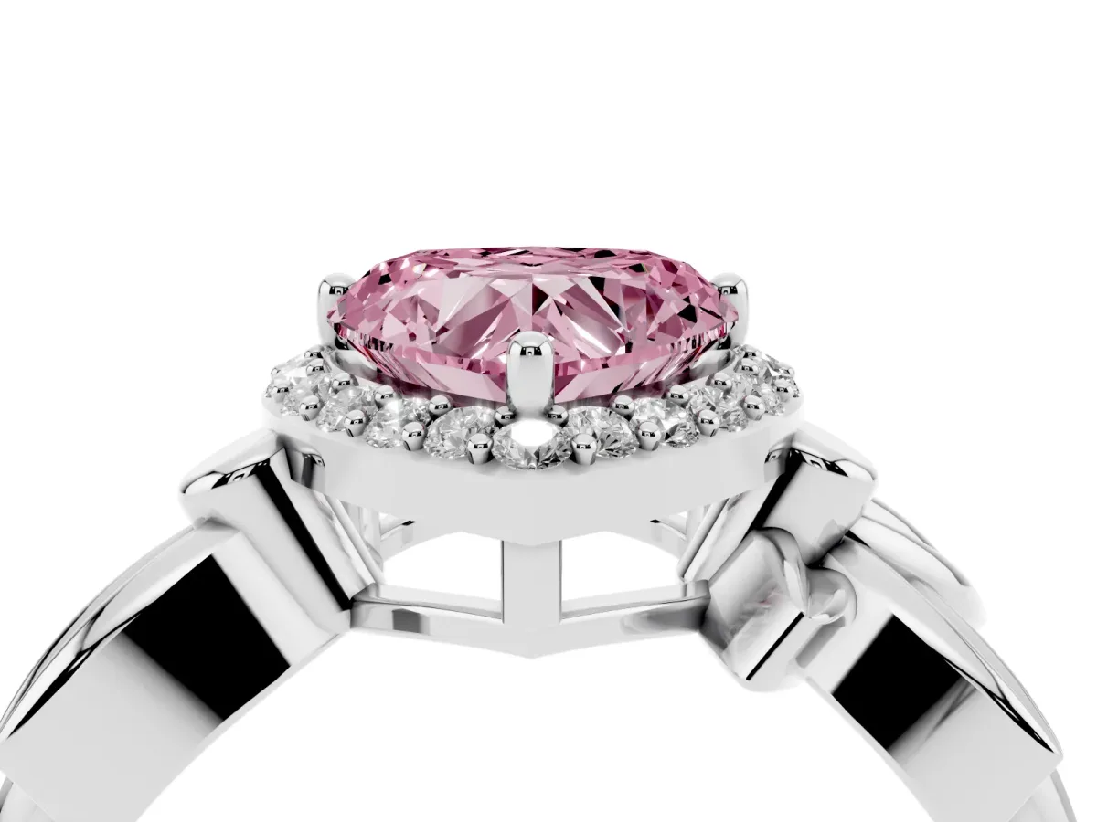 Fancy Pink Heart Cut Halo Diamond Floral Band with Four-Prong Setting Silver