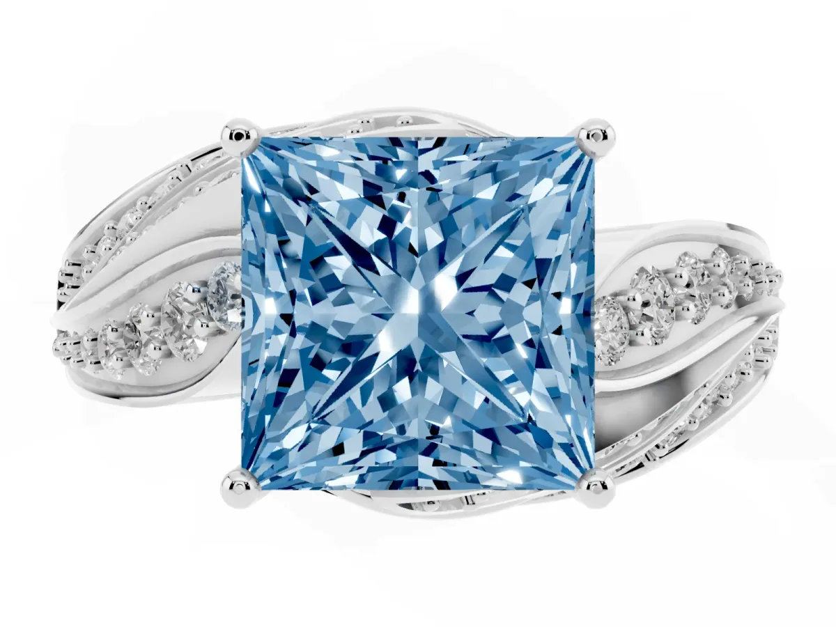Fancy Blue Princess Cut Diamond Solitaire Ring with Prong Setting and Twisted Pavé Band Silver