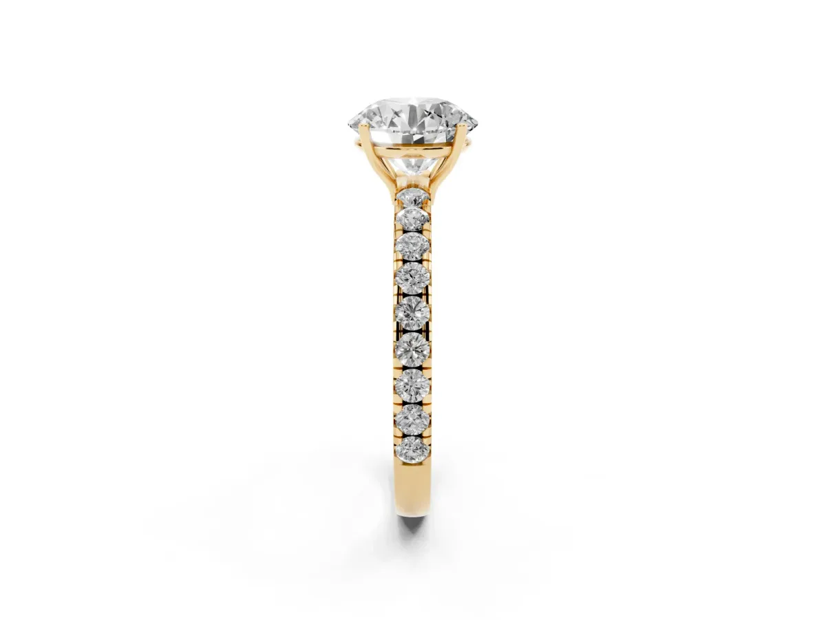 Round Cut Diamond Pavé Solitaire Engagement Ring with Four-Prong Setting Yellow gold
