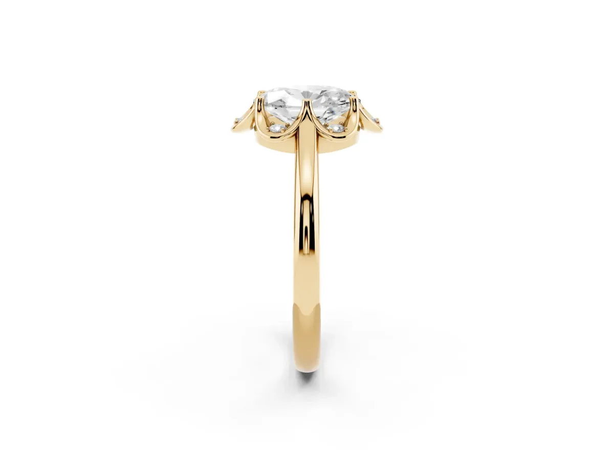 Oval Cut Halo Diamond Ring with Round Cluster Setting, Solitaire Band, and Four-Prong Setting Yellow gold