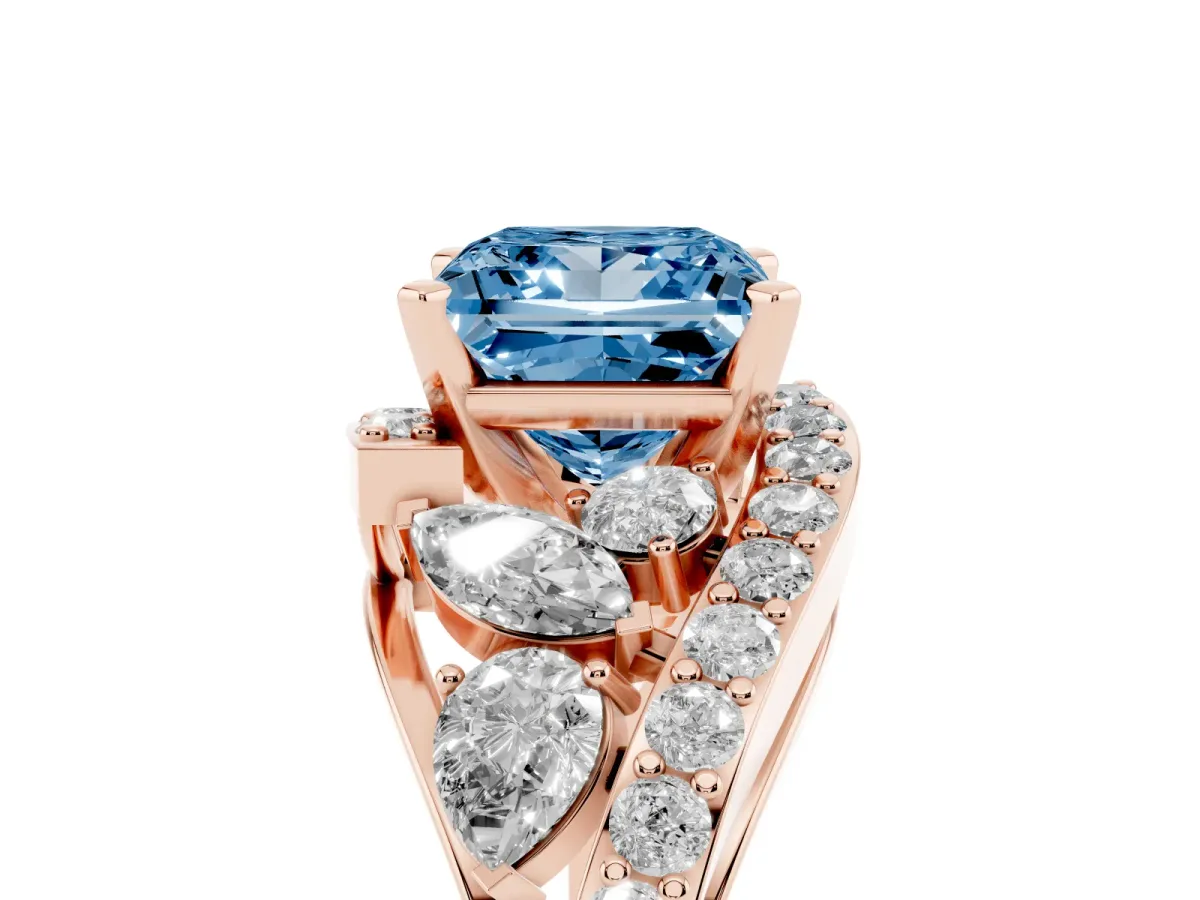 Fancy Blue Princess Cut Diamond Halo Ring with Marquise and Pavé Band in Prong Setting Rose gold