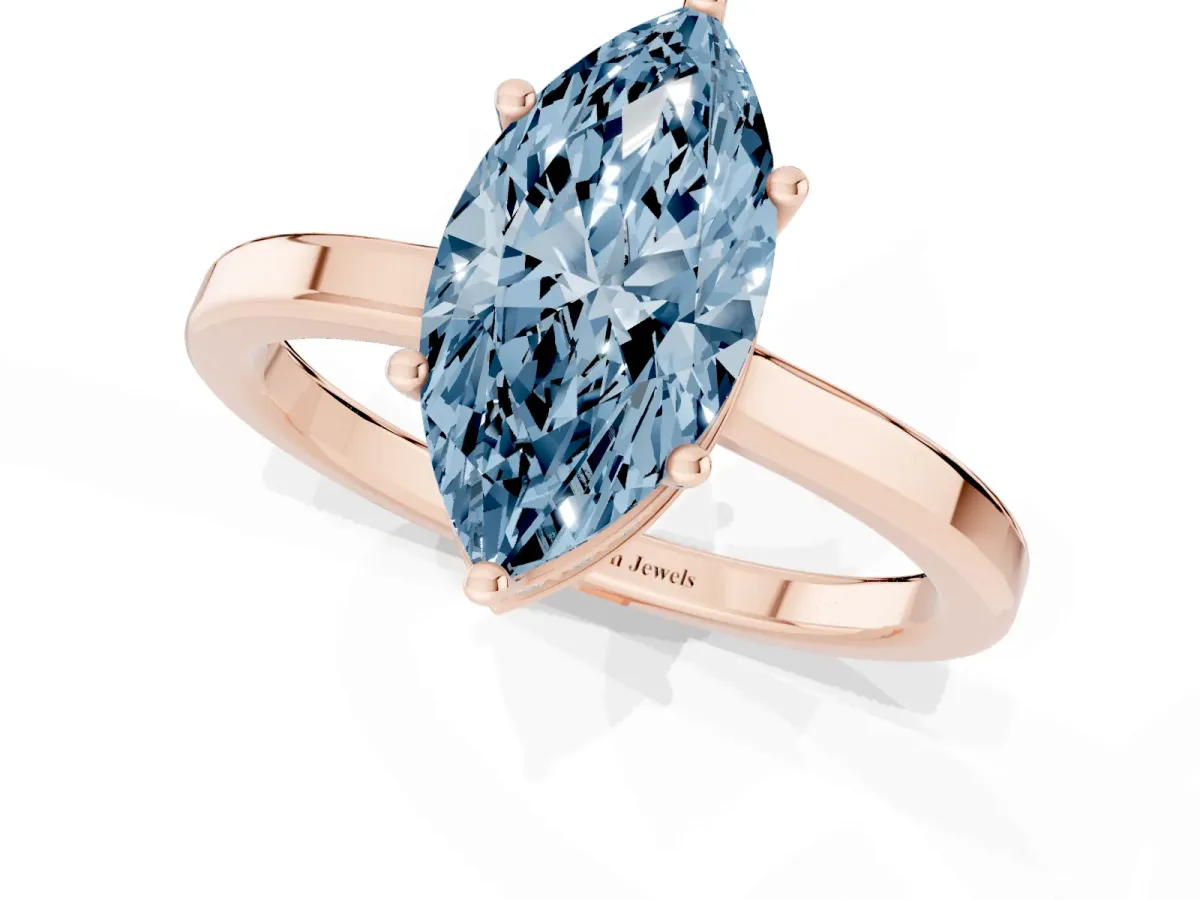 Fancy Blue Marquise Cut Cut Solitaire Engagement Ring with Four-Prong Setting on a Classic Band Rose gold
