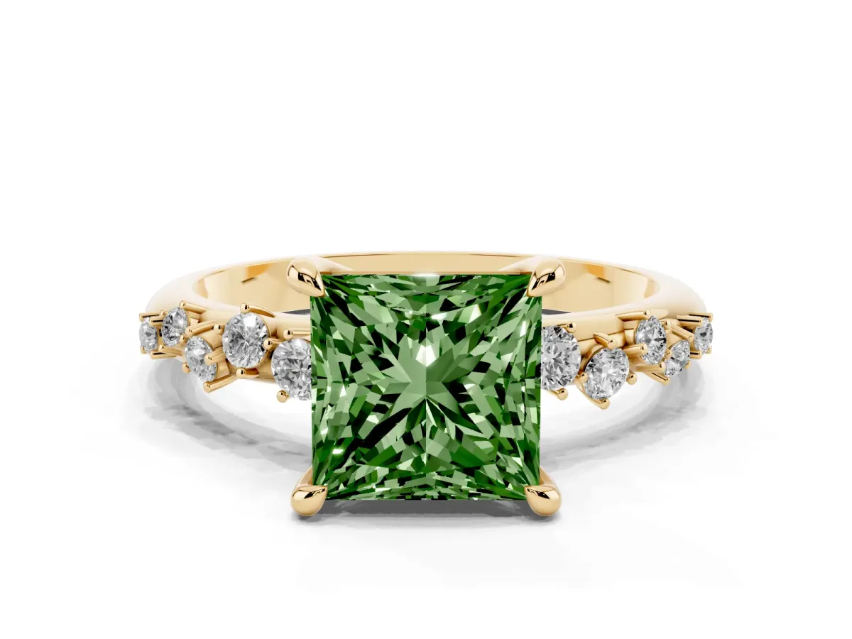 Fancy Green Princess Cut Cut Diamond Vine Band with Four-Prong Setting Yellow gold