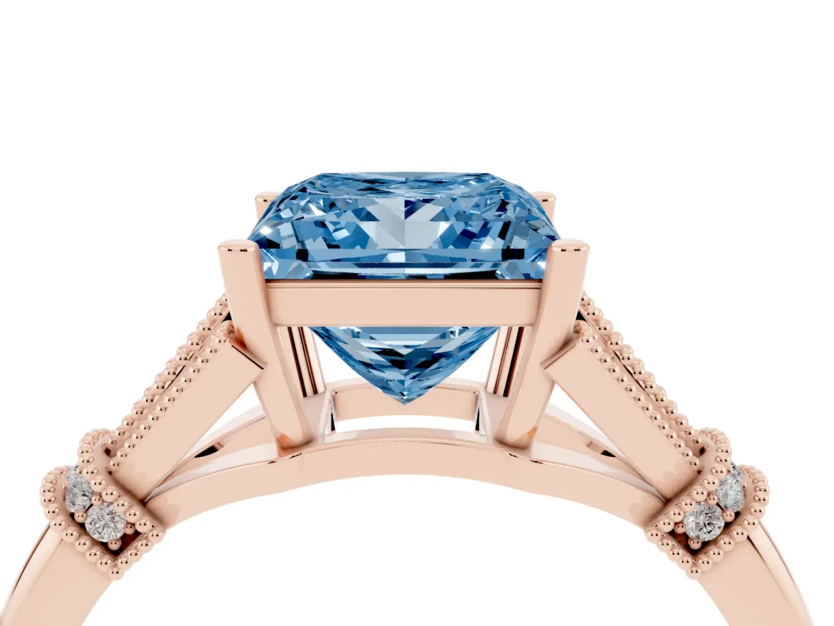 Fancy Blue Princess Cut Diamond Solitaire Ring with Floral Filigree and Pave Accents Rose gold