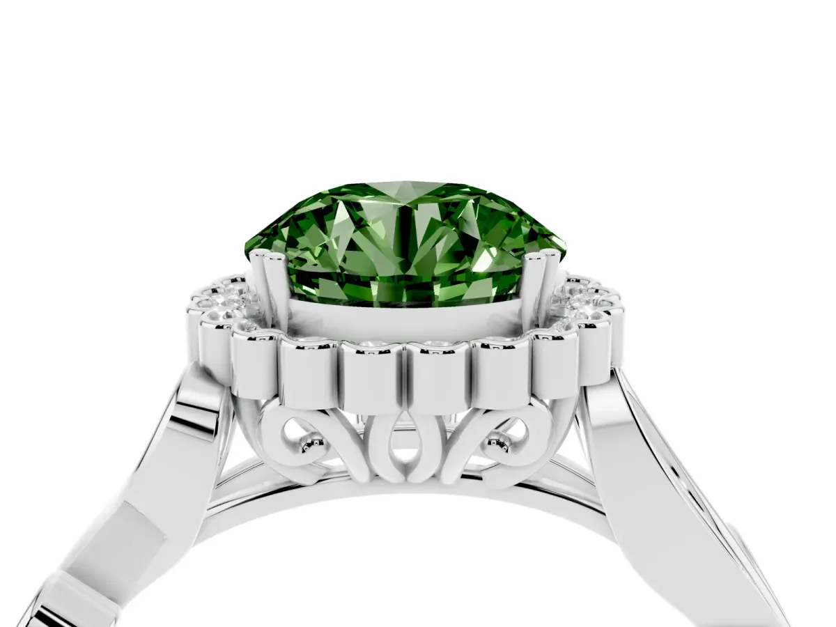 Fancy Green Round Cut Diamond Halo Ring with Vintage Split Shank and Four-Prong Setting Silver