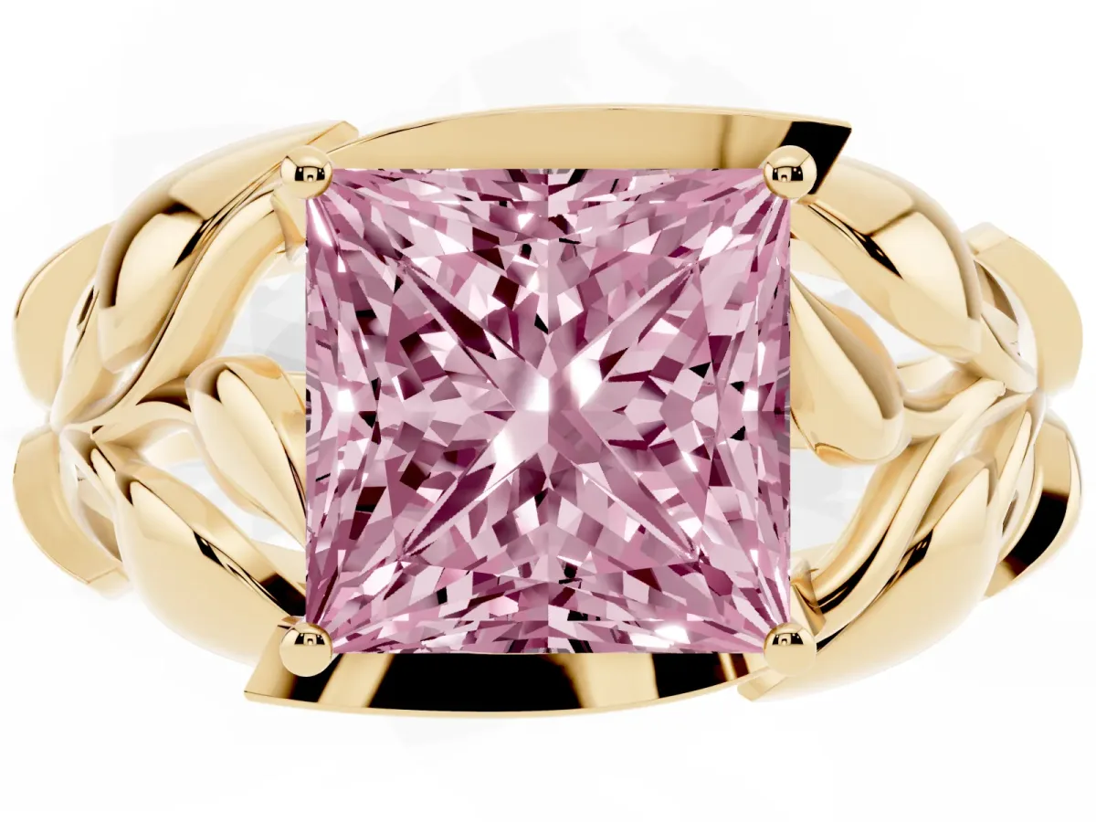 Fancy Pink Princess Cut Diamond Leaf-Inspired Engagement Ring with Round Accents and Prong Setting Yellow gold