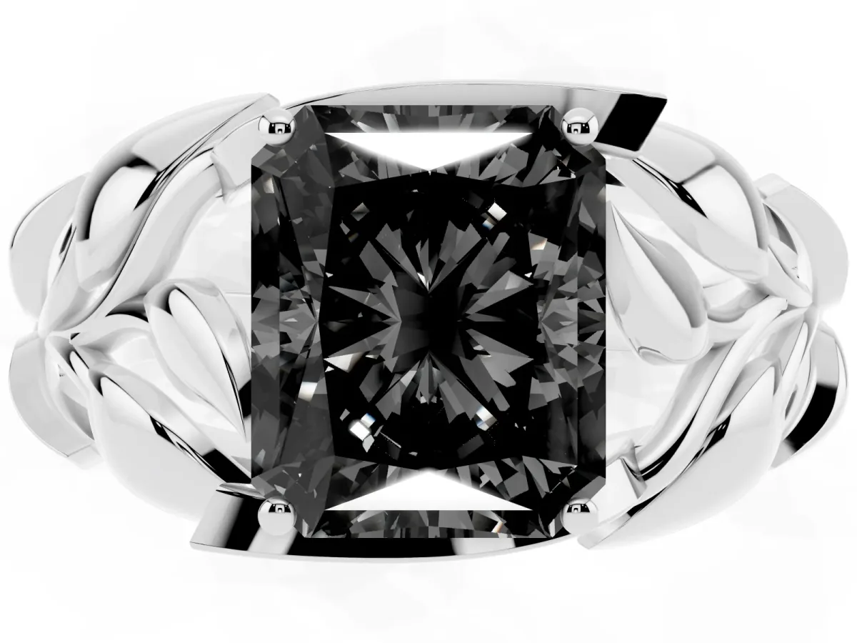 Fancy Black Radiant Cut Diamond Leaf-Inspired Engagement Ring with Round Accents and Prong Setting Silver