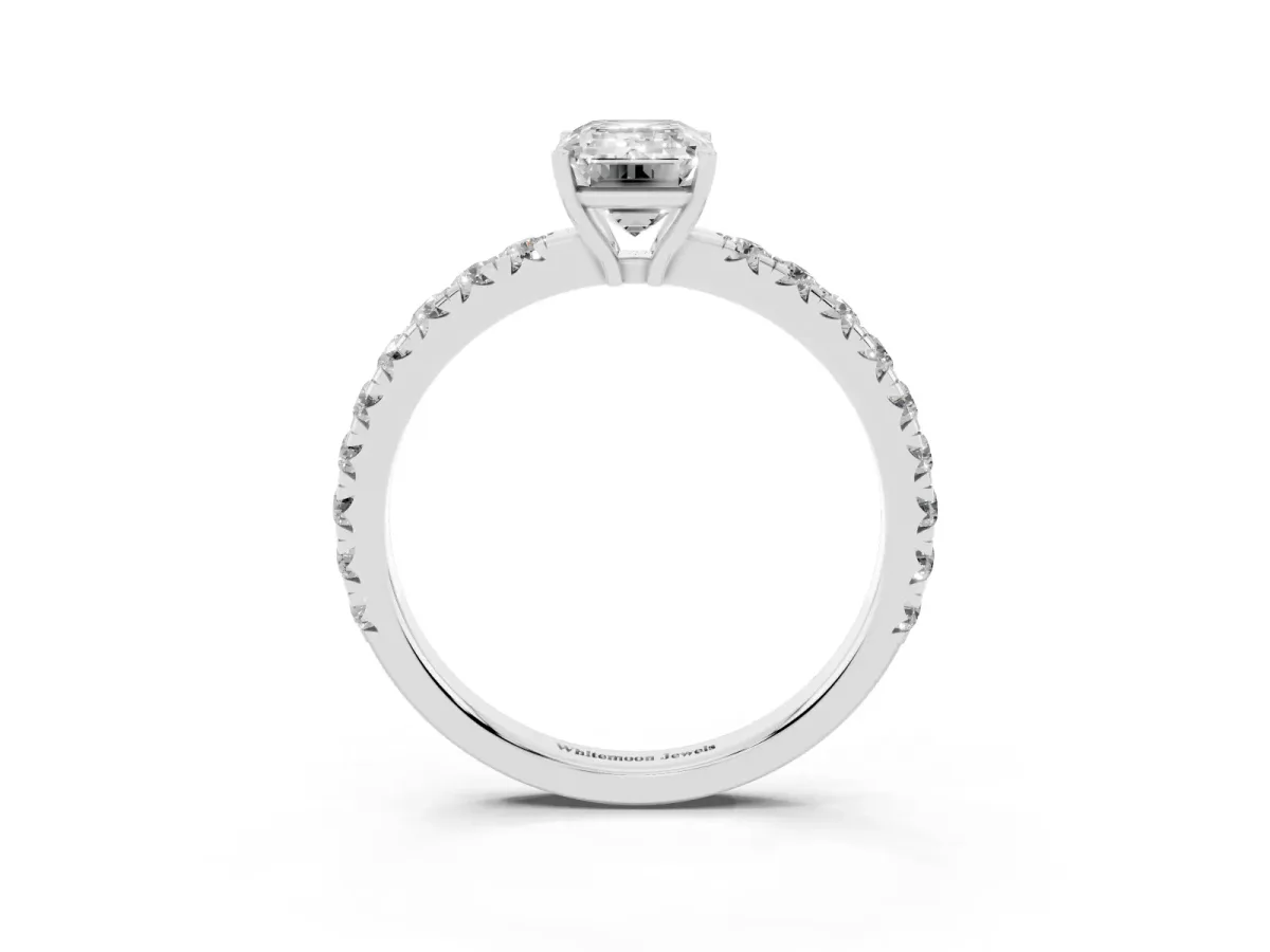 Emerald Cut Diamond Pavé Solitaire Engagement Ring with Four-Prong Setting Silver