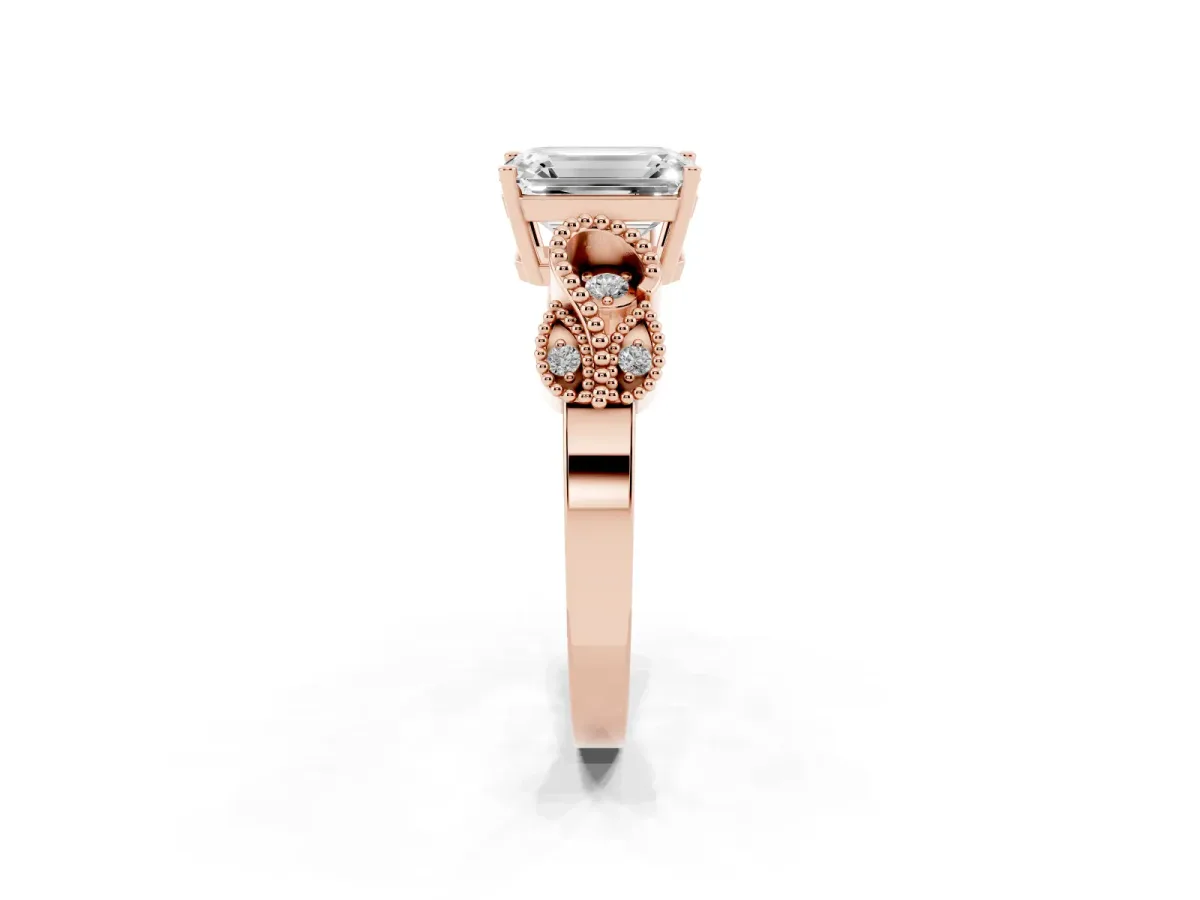 Emerald Cut Solitaire Milgrain Leaf Band with Prong Setting Rose gold