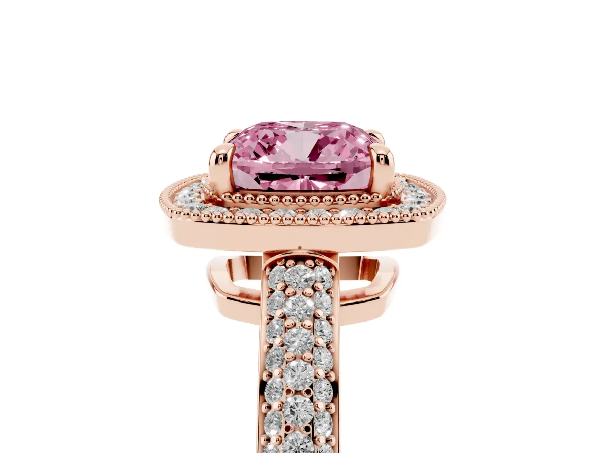 Fancy Pink Cushion Cut Cut Halo Diamond Pave Band with Four-Prong Setting Rose gold