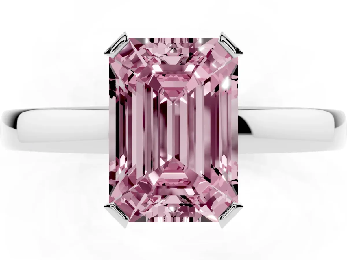Fancy Pink Emerald Cut Cut Solitaire Ring with Four-Prong Setting and Classic Band Silver