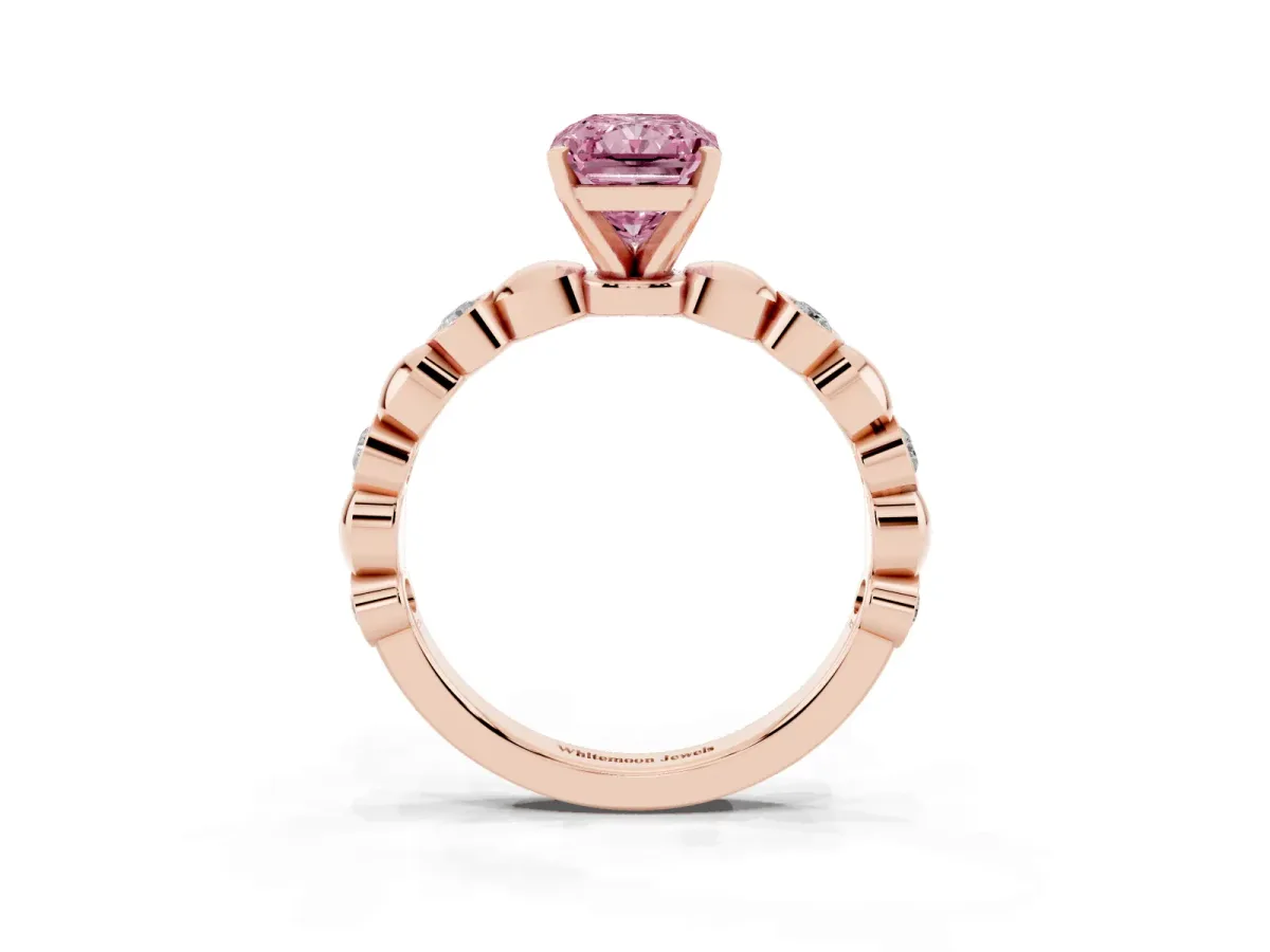 Fancy Pink Radiant Cut Solitaire Bezel-Set Diamond Ring with Beaded Band and Four-Prong Setting Rose gold