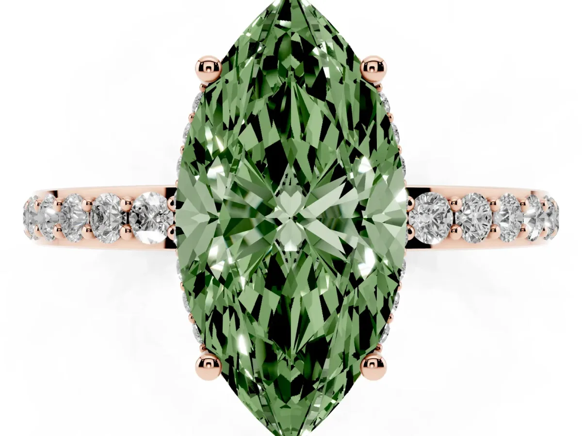 Fancy Green Marquise Cut Diamond Solitaire Ring with Pavé Band and Hidden Halo Rose gold