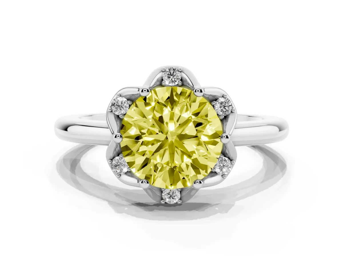 Fancy Yellow Round Cut Halo Diamond Ring with Round Cluster Setting, Solitaire Band, and Four-Prong Setting White gold