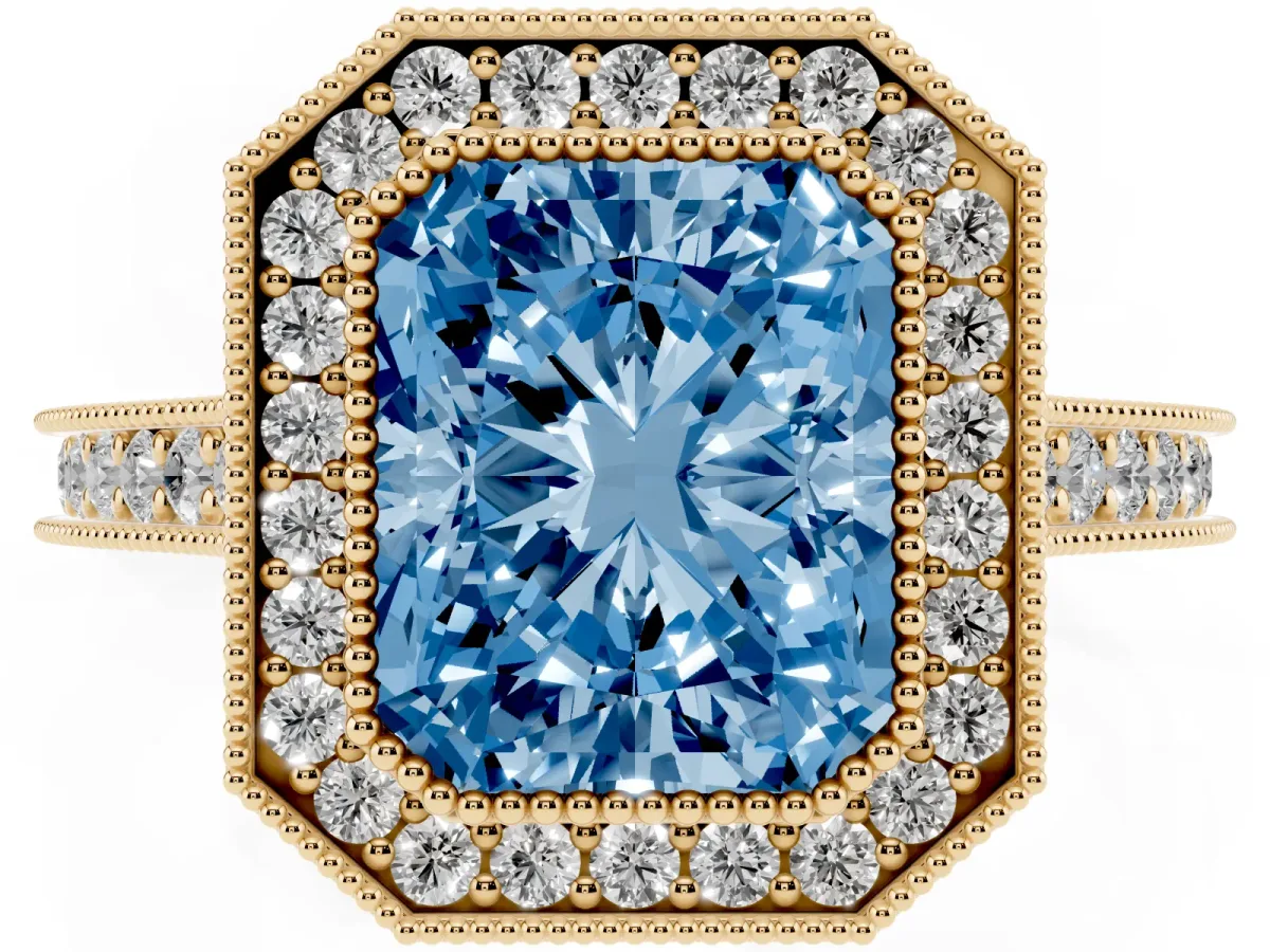 Fancy Blue Halo Radiant Cut-Cut Diamond Pave Band Milgrain Prong Setting Ring Yellow gold