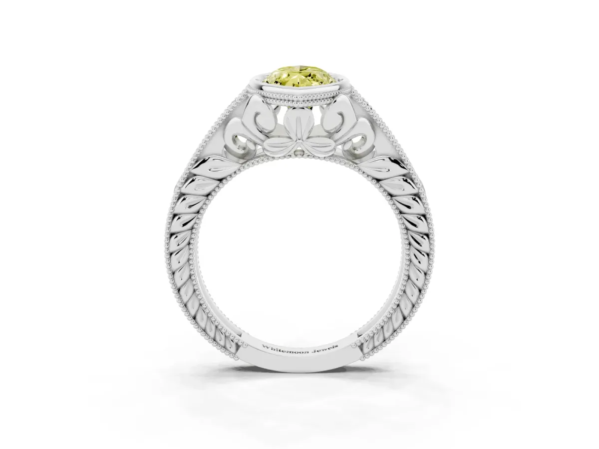Fancy Yellow Bezel Set Marquise Cut Diamond Milgrain Pave Engagement Ring Silver
