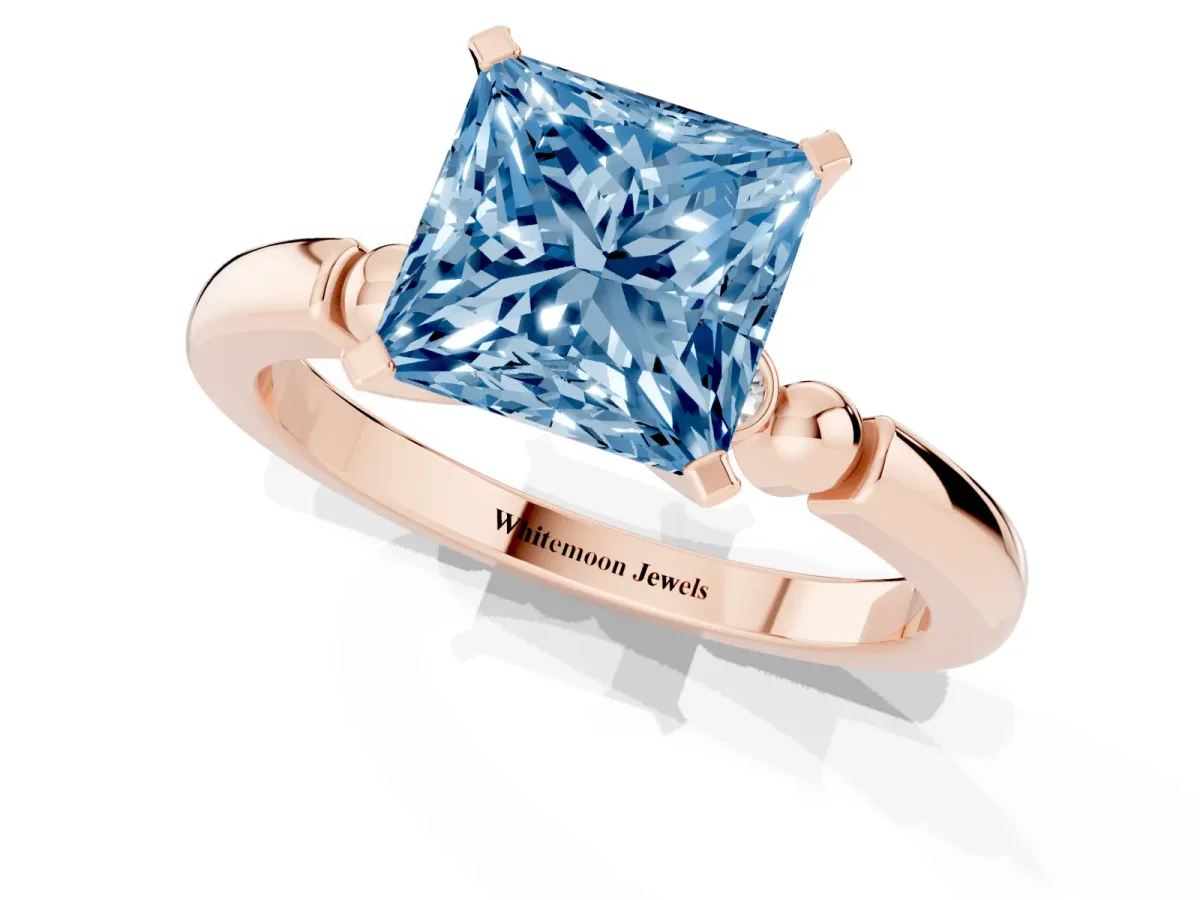 Fancy Blue Princess Cut Solitaire Beaded Band with Four-Prong Setting Rose gold