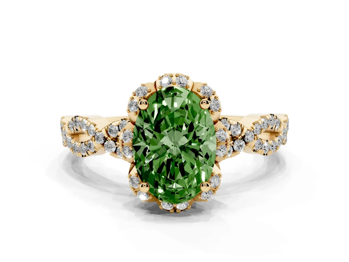 Fancy Green Oval Cut Halo Twist Band Solitaire Ring with Six-Prong Setting Yellow gold